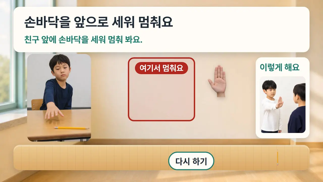 수업 PPT 6장 '손바닥을 앞으로 세워 멈춰요': 친구가 책상 위 연필로 손을 뻗는 사진, '여기서 멈춰요' 칸과 끌어 놓을 손바닥 그림